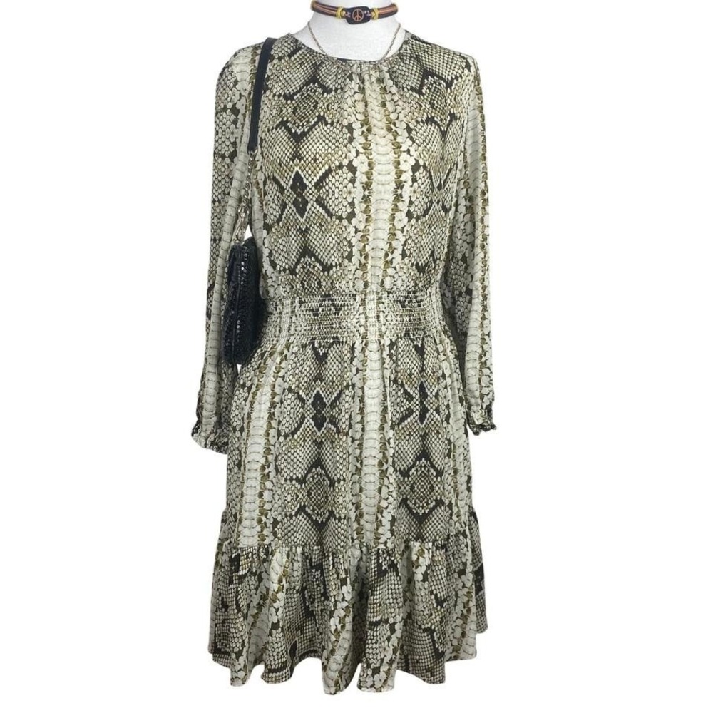 J Crew Midi Dress Womens XS Green Snake Print Smocked Waist Tiered Long Sleeve